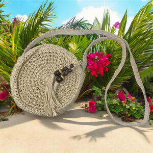 Natural Straw Rattan Basketweave Woven Circle Crossbody Purse Bag Beachy Cruise